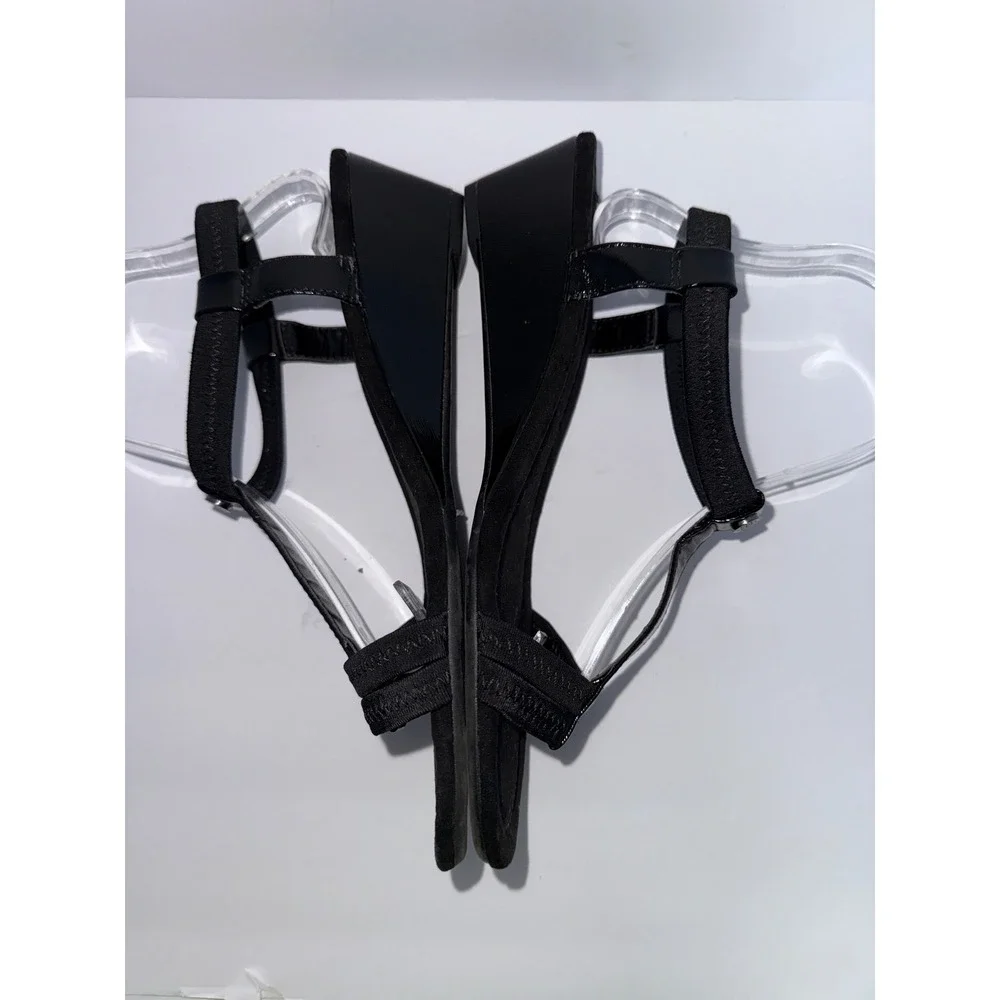 Dana Buchman 9 T-bar Blk Heel Wedge Sandals Summer Whimsigoth Office Career Y2K - Picture 9 of 12